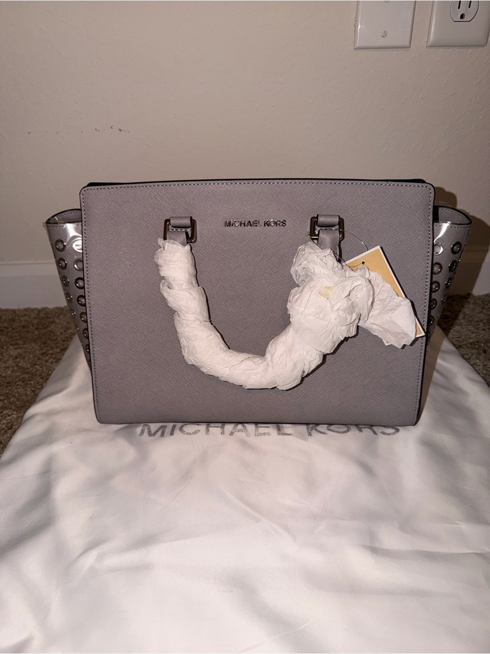 Michael Kors Light Gray Saffiano Leather Satchel with Studded Sides